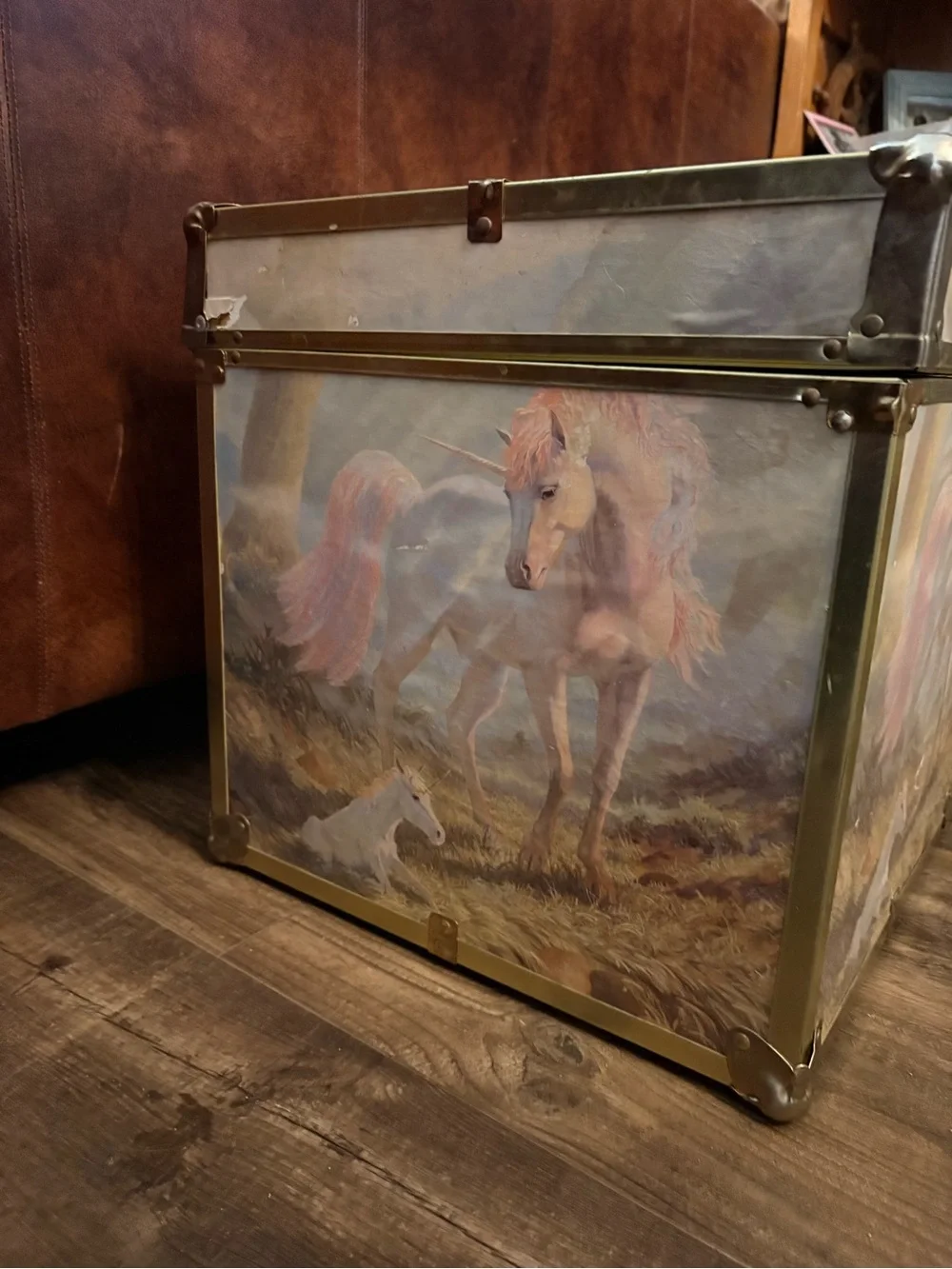 Vintage 1980s Unicorn Decorative Storage Trunk in Pastel Pink and Cream